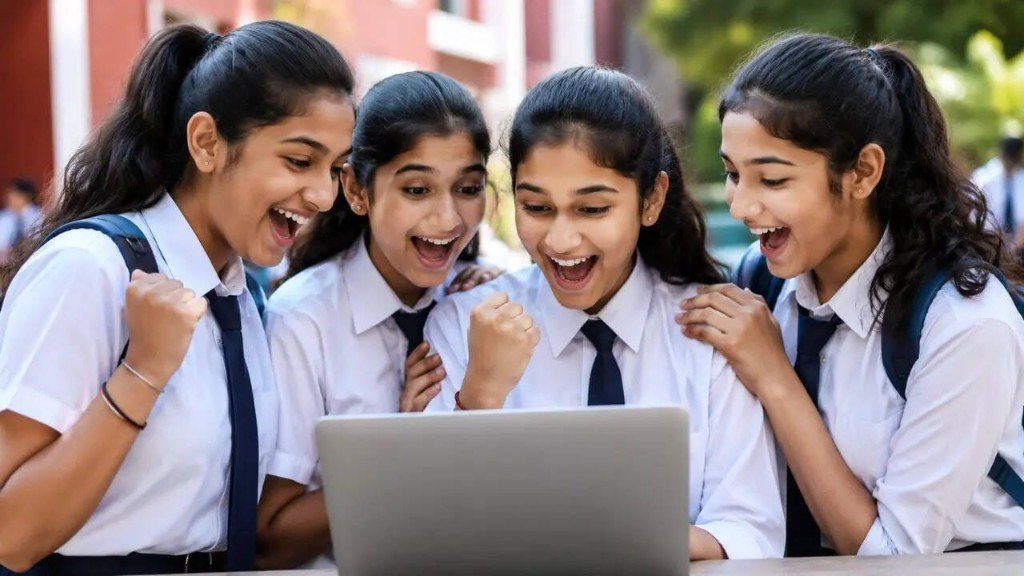 Students cheering together while viewing results on a laptop